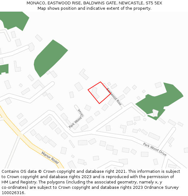 MONACO, EASTWOOD RISE, BALDWINS GATE, NEWCASTLE, ST5 5EX: Location map and indicative extent of plot