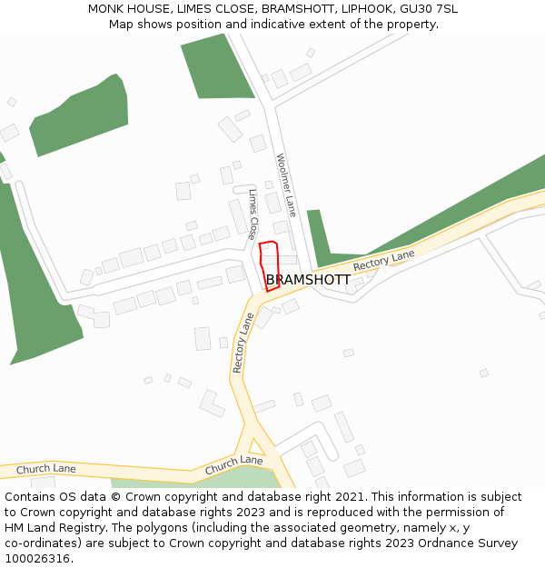 MONK HOUSE, LIMES CLOSE, BRAMSHOTT, LIPHOOK, GU30 7SL: Location map and indicative extent of plot