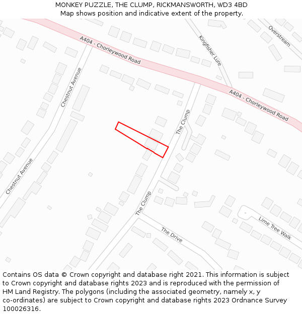 MONKEY PUZZLE, THE CLUMP, RICKMANSWORTH, WD3 4BD: Location map and indicative extent of plot