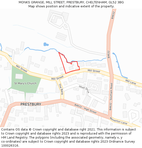 MONKS GRANGE, MILL STREET, PRESTBURY, CHELTENHAM, GL52 3BG: Location map and indicative extent of plot