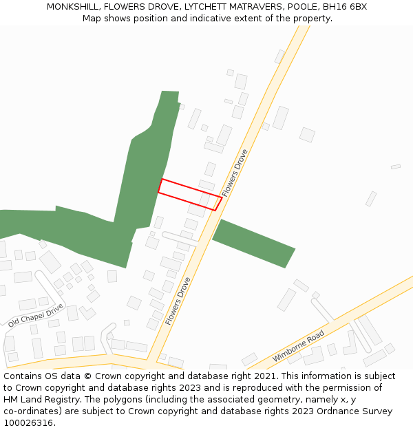 MONKSHILL, FLOWERS DROVE, LYTCHETT MATRAVERS, POOLE, BH16 6BX: Location map and indicative extent of plot