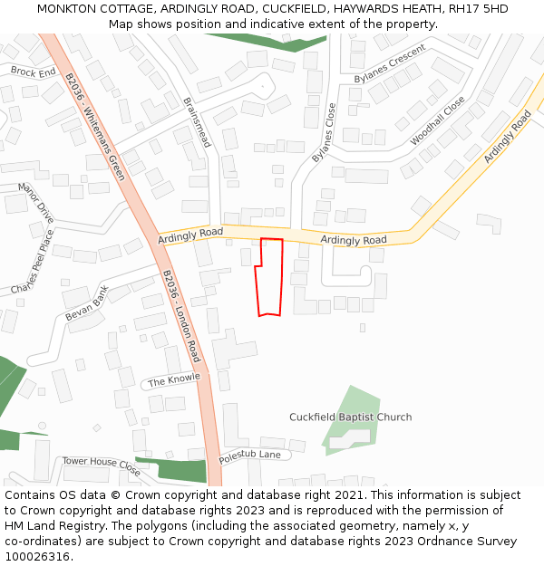 MONKTON COTTAGE, ARDINGLY ROAD, CUCKFIELD, HAYWARDS HEATH, RH17 5HD: Location map and indicative extent of plot