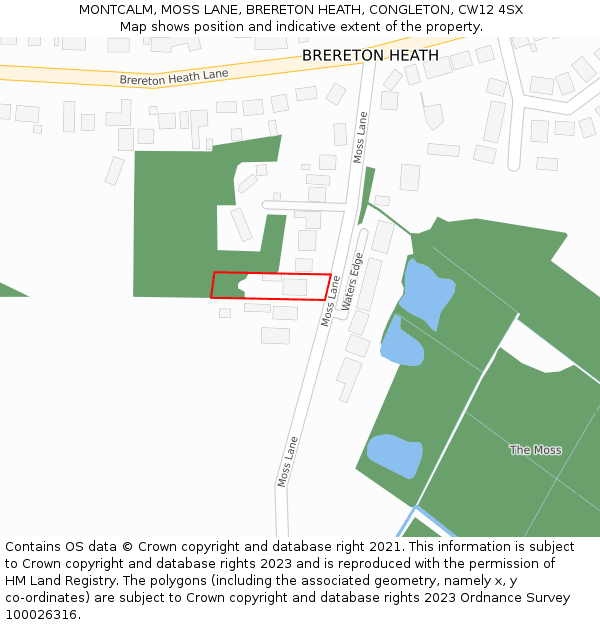 MONTCALM, MOSS LANE, BRERETON HEATH, CONGLETON, CW12 4SX: Location map and indicative extent of plot