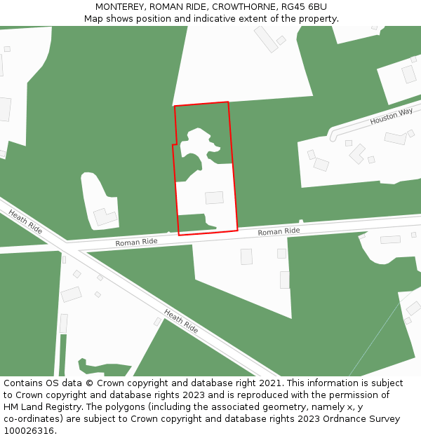 MONTEREY, ROMAN RIDE, CROWTHORNE, RG45 6BU: Location map and indicative extent of plot