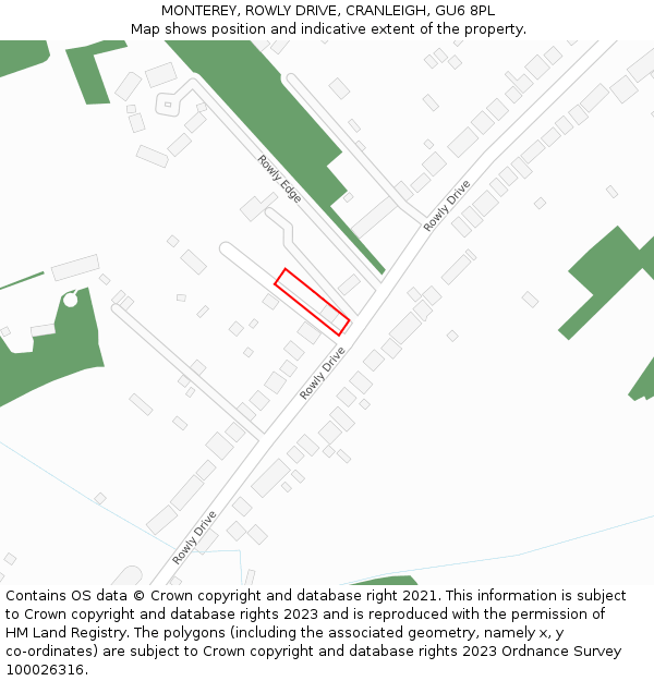 MONTEREY, ROWLY DRIVE, CRANLEIGH, GU6 8PL: Location map and indicative extent of plot