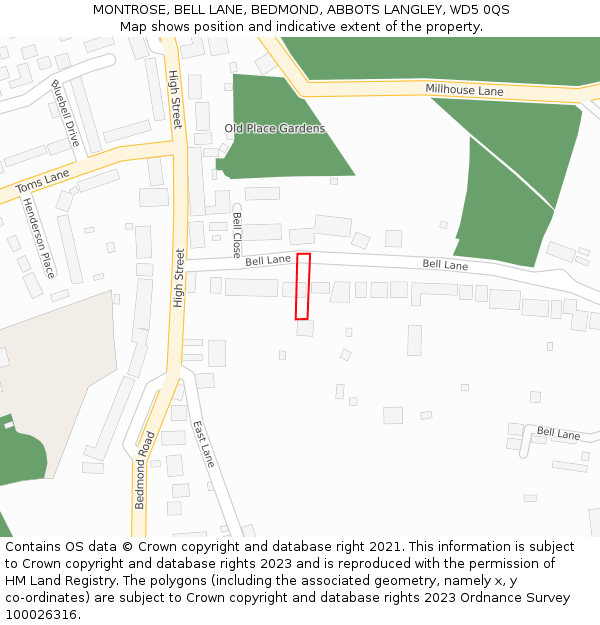 MONTROSE, BELL LANE, BEDMOND, ABBOTS LANGLEY, WD5 0QS: Location map and indicative extent of plot