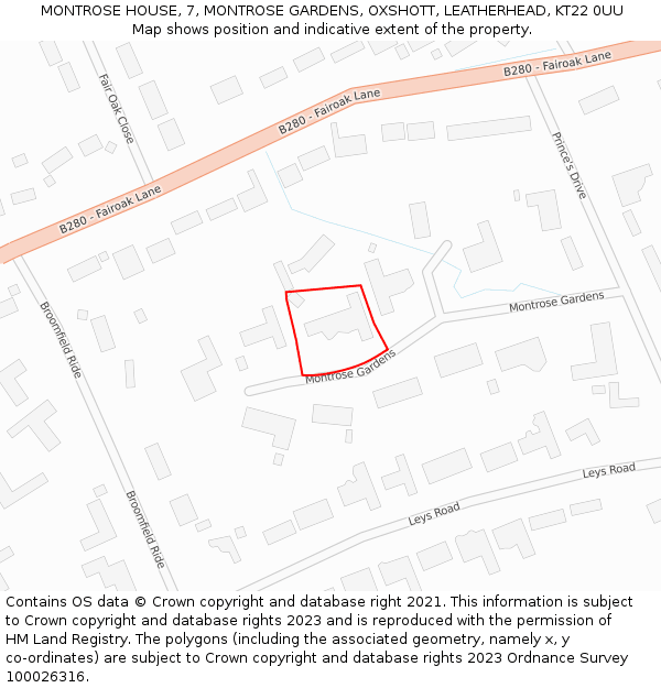 MONTROSE HOUSE, 7, MONTROSE GARDENS, OXSHOTT, LEATHERHEAD, KT22 0UU: Location map and indicative extent of plot