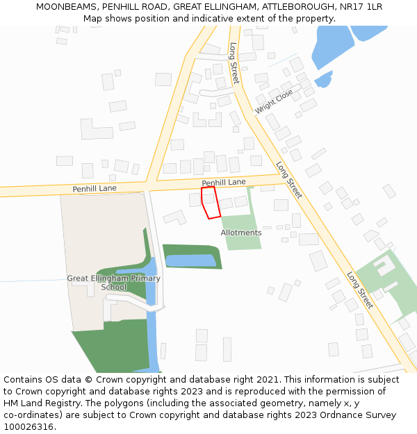 MOONBEAMS, PENHILL ROAD, GREAT ELLINGHAM, ATTLEBOROUGH, NR17 1LR: Location map and indicative extent of plot