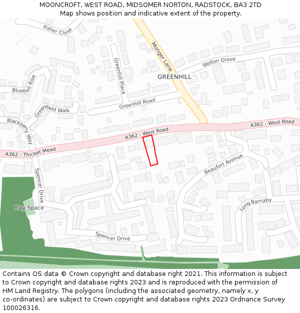 MOONCROFT, WEST ROAD, MIDSOMER NORTON, RADSTOCK, BA3 2TD: Location map and indicative extent of plot