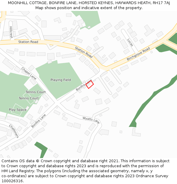 MOONHILL COTTAGE, BONFIRE LANE, HORSTED KEYNES, HAYWARDS HEATH, RH17 7AJ: Location map and indicative extent of plot