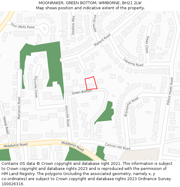 MOONRAKER, GREEN BOTTOM, WIMBORNE, BH21 2LW: Location map and indicative extent of plot