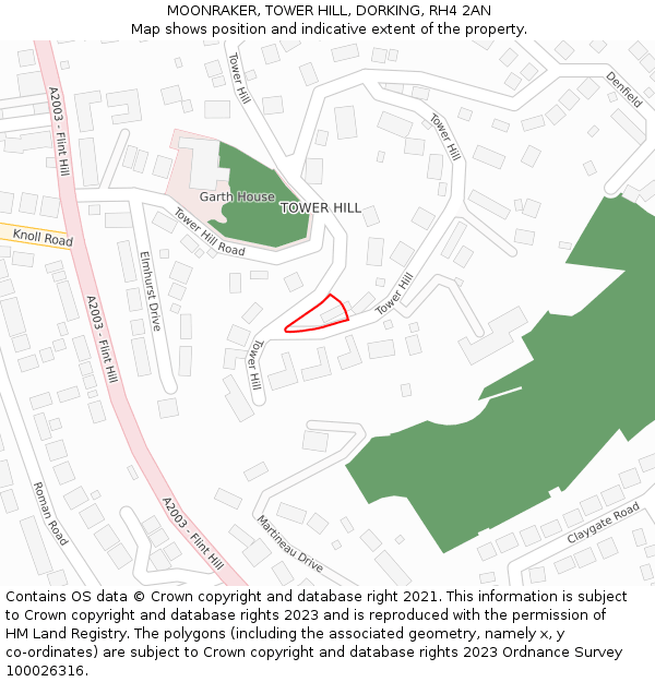 MOONRAKER, TOWER HILL, DORKING, RH4 2AN: Location map and indicative extent of plot