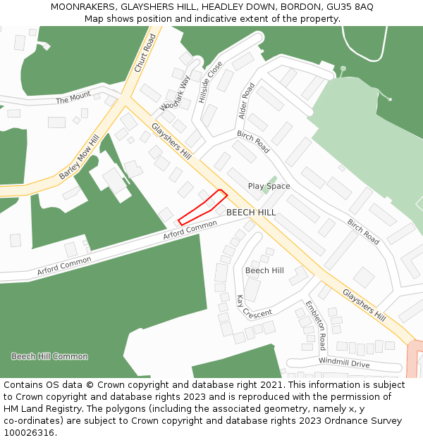 MOONRAKERS, GLAYSHERS HILL, HEADLEY DOWN, BORDON, GU35 8AQ: Location map and indicative extent of plot