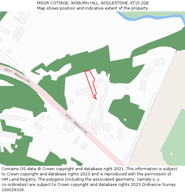 MOOR COTTAGE, WOBURN HILL, ADDLESTONE, KT15 2QE: Location map and indicative extent of plot