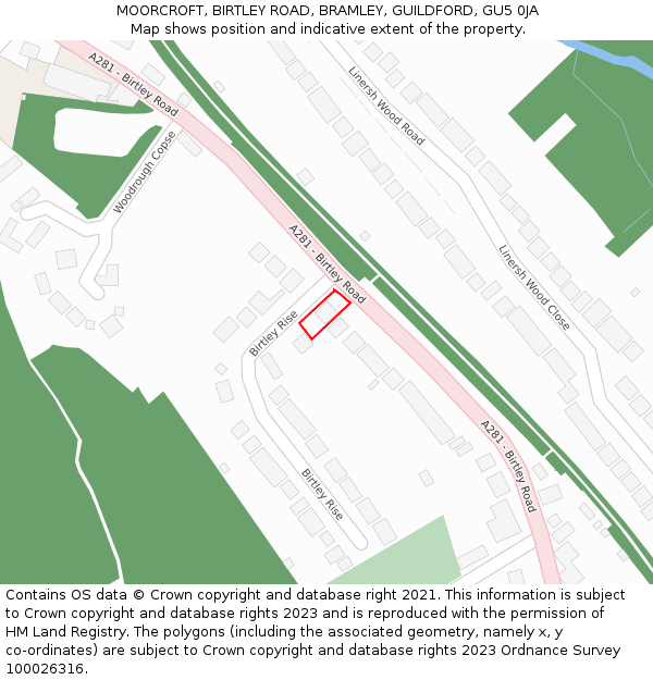 MOORCROFT, BIRTLEY ROAD, BRAMLEY, GUILDFORD, GU5 0JA: Location map and indicative extent of plot