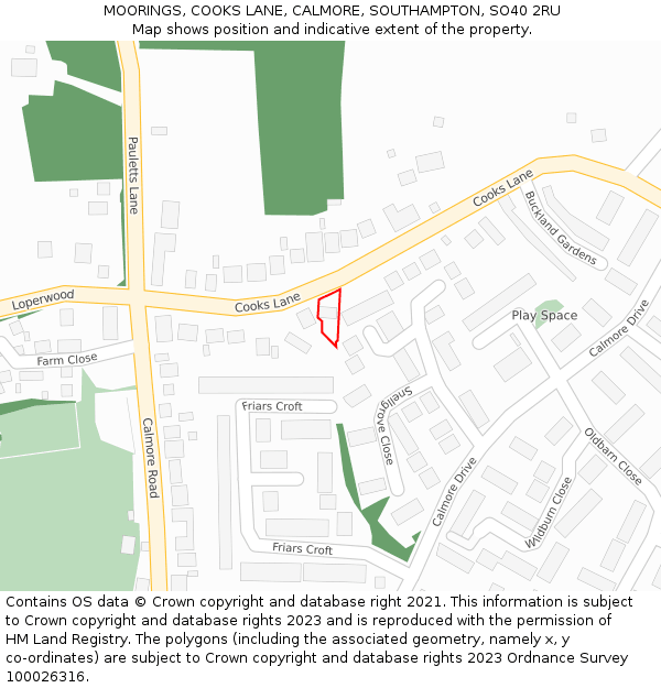 MOORINGS, COOKS LANE, CALMORE, SOUTHAMPTON, SO40 2RU: Location map and indicative extent of plot