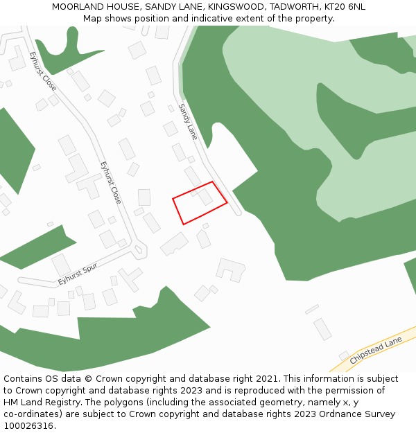 MOORLAND HOUSE, SANDY LANE, KINGSWOOD, TADWORTH, KT20 6NL: Location map and indicative extent of plot