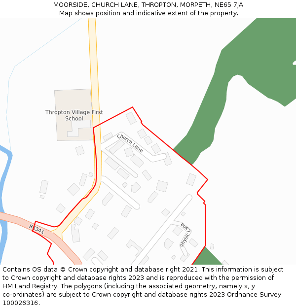 MOORSIDE, CHURCH LANE, THROPTON, MORPETH, NE65 7JA: Location map and indicative extent of plot