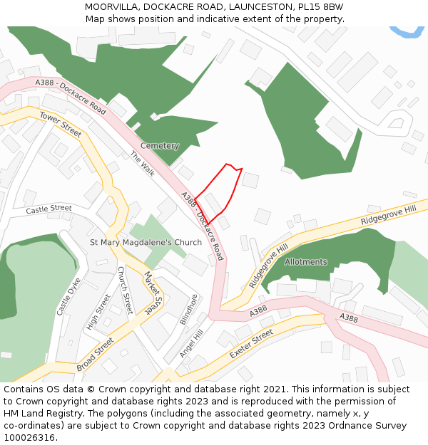 MOORVILLA, DOCKACRE ROAD, LAUNCESTON, PL15 8BW: Location map and indicative extent of plot
