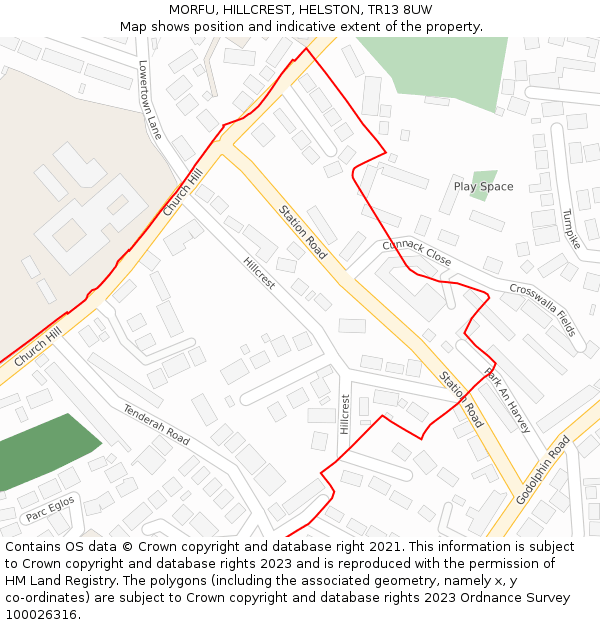 MORFU, HILLCREST, HELSTON, TR13 8UW: Location map and indicative extent of plot