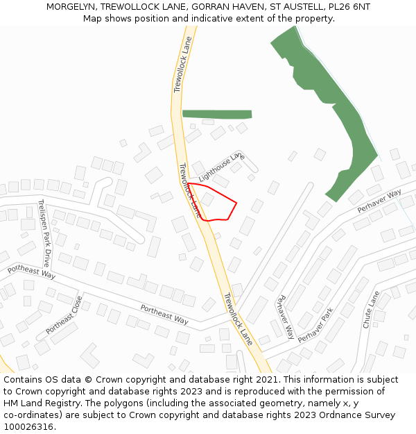 MORGELYN, TREWOLLOCK LANE, GORRAN HAVEN, ST AUSTELL, PL26 6NT: Location map and indicative extent of plot