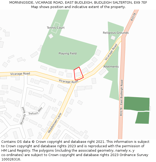 MORNINGSIDE, VICARAGE ROAD, EAST BUDLEIGH, BUDLEIGH SALTERTON, EX9 7EF: Location map and indicative extent of plot