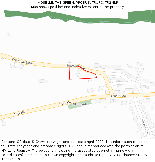 MOSELLE, THE GREEN, PROBUS, TRURO, TR2 4LP: Location map and indicative extent of plot