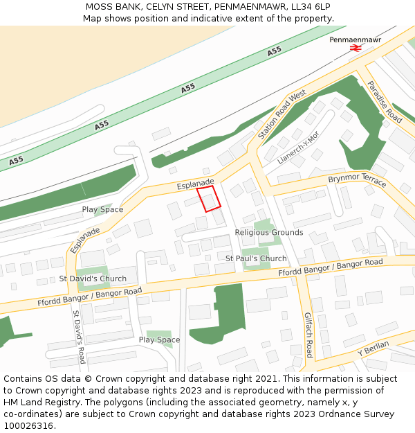 MOSS BANK, CELYN STREET, PENMAENMAWR, LL34 6LP: Location map and indicative extent of plot