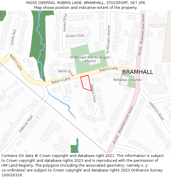 MOSS DEEPING, ROBINS LANE, BRAMHALL, STOCKPORT, SK7 2PE: Location map and indicative extent of plot