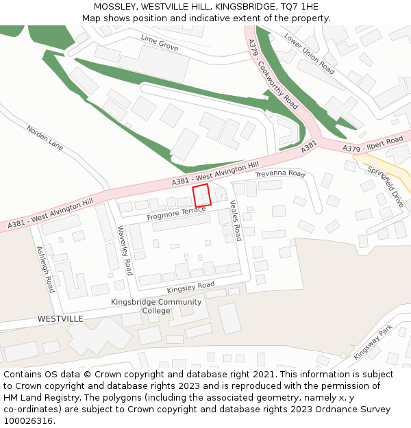 MOSSLEY, WESTVILLE HILL, KINGSBRIDGE, TQ7 1HE: Location map and indicative extent of plot