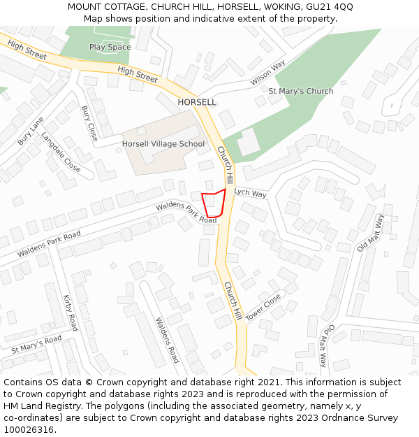 MOUNT COTTAGE, CHURCH HILL, HORSELL, WOKING, GU21 4QQ: Location map and indicative extent of plot