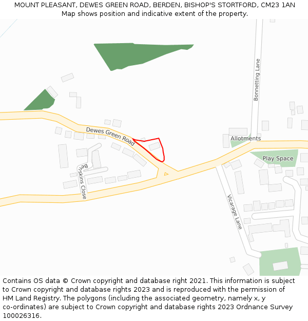 MOUNT PLEASANT, DEWES GREEN ROAD, BERDEN, BISHOP'S STORTFORD, CM23 1AN: Location map and indicative extent of plot