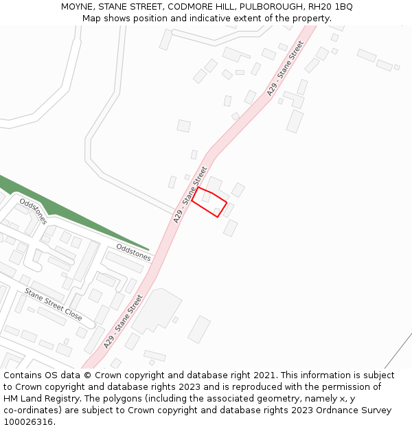 MOYNE, STANE STREET, CODMORE HILL, PULBOROUGH, RH20 1BQ: Location map and indicative extent of plot