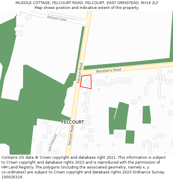 MUDDLE COTTAGE, FELCOURT ROAD, FELCOURT, EAST GRINSTEAD, RH19 2LF: Location map and indicative extent of plot