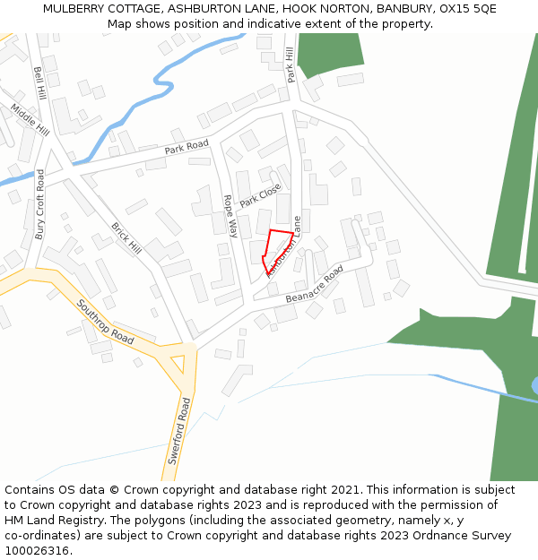 MULBERRY COTTAGE, ASHBURTON LANE, HOOK NORTON, BANBURY, OX15 5QE: Location map and indicative extent of plot