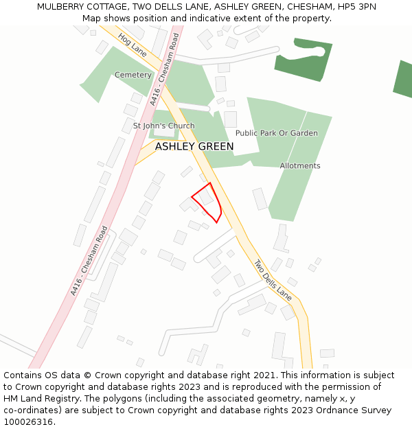 MULBERRY COTTAGE, TWO DELLS LANE, ASHLEY GREEN, CHESHAM, HP5 3PN: Location map and indicative extent of plot