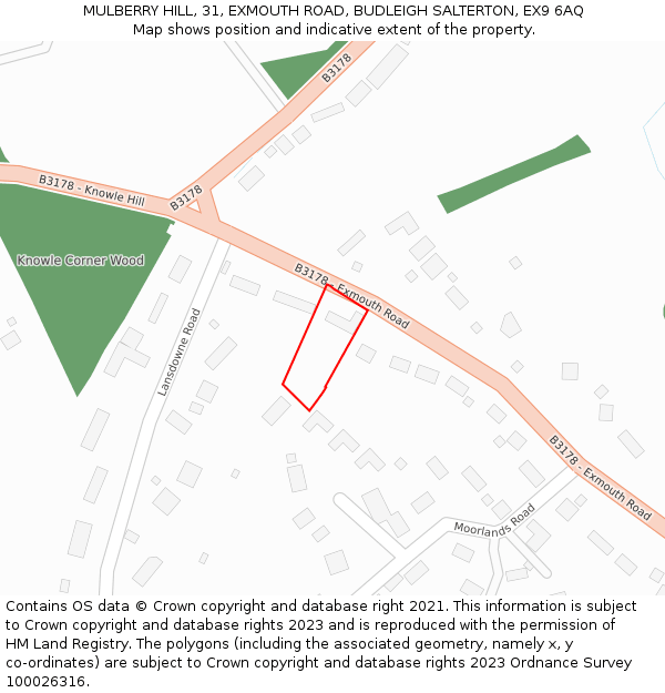 MULBERRY HILL, 31, EXMOUTH ROAD, BUDLEIGH SALTERTON, EX9 6AQ: Location map and indicative extent of plot