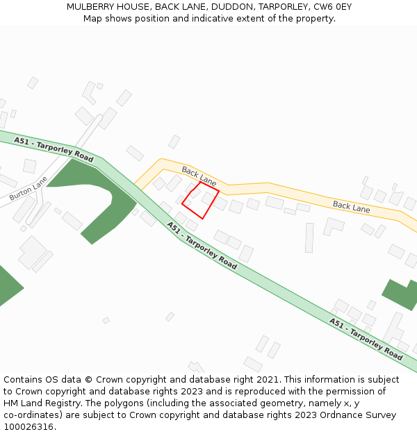 MULBERRY HOUSE, BACK LANE, DUDDON, TARPORLEY, CW6 0EY: Location map and indicative extent of plot