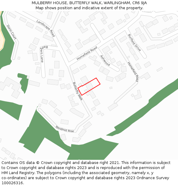 MULBERRY HOUSE, BUTTERFLY WALK, WARLINGHAM, CR6 9JA: Location map and indicative extent of plot