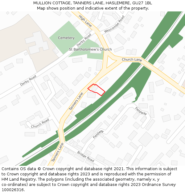 MULLION COTTAGE, TANNERS LANE, HASLEMERE, GU27 1BL: Location map and indicative extent of plot