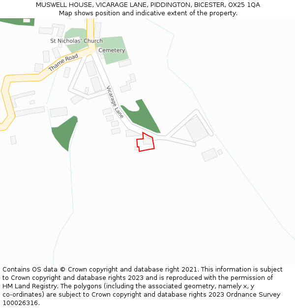 MUSWELL HOUSE, VICARAGE LANE, PIDDINGTON, BICESTER, OX25 1QA: Location map and indicative extent of plot