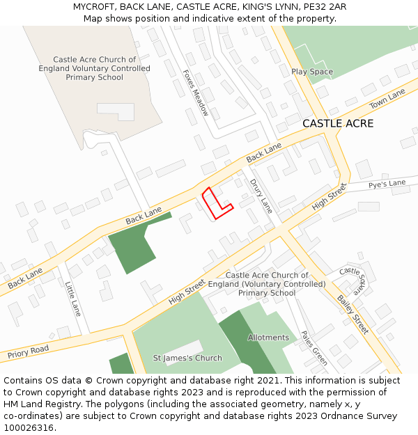 MYCROFT, BACK LANE, CASTLE ACRE, KING'S LYNN, PE32 2AR: Location map and indicative extent of plot