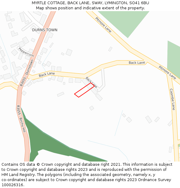 MYRTLE COTTAGE, BACK LANE, SWAY, LYMINGTON, SO41 6BU: Location map and indicative extent of plot