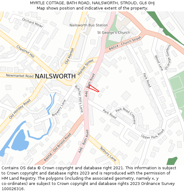 MYRTLE COTTAGE, BATH ROAD, NAILSWORTH, STROUD, GL6 0HJ: Location map and indicative extent of plot