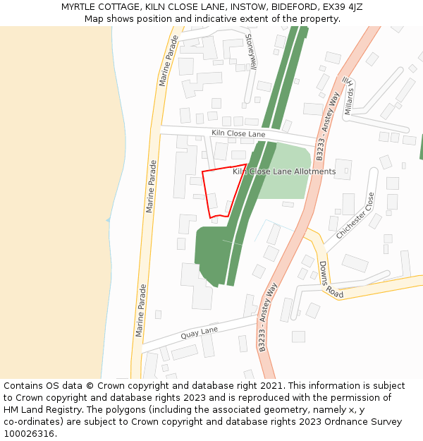 MYRTLE COTTAGE, KILN CLOSE LANE, INSTOW, BIDEFORD, EX39 4JZ: Location map and indicative extent of plot