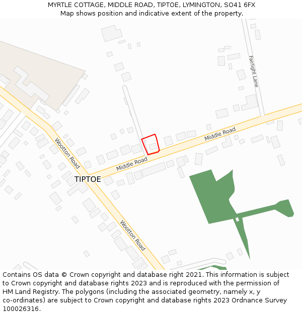 MYRTLE COTTAGE, MIDDLE ROAD, TIPTOE, LYMINGTON, SO41 6FX: Location map and indicative extent of plot