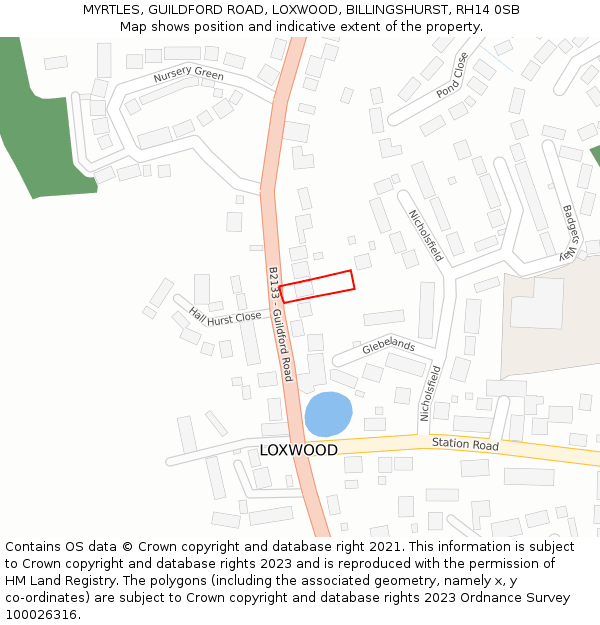 MYRTLES, GUILDFORD ROAD, LOXWOOD, BILLINGSHURST, RH14 0SB: Location map and indicative extent of plot