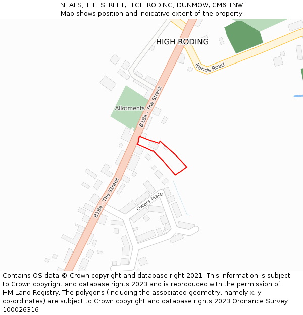 NEALS, THE STREET, HIGH RODING, DUNMOW, CM6 1NW: Location map and indicative extent of plot