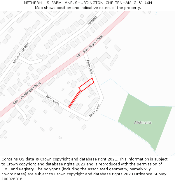 NETHERHILLS, FARM LANE, SHURDINGTON, CHELTENHAM, GL51 4XN: Location map and indicative extent of plot