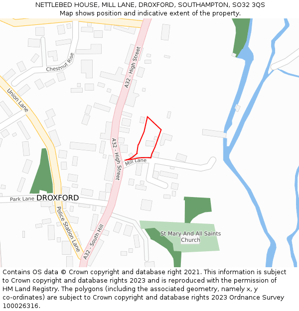 NETTLEBED HOUSE, MILL LANE, DROXFORD, SOUTHAMPTON, SO32 3QS: Location map and indicative extent of plot